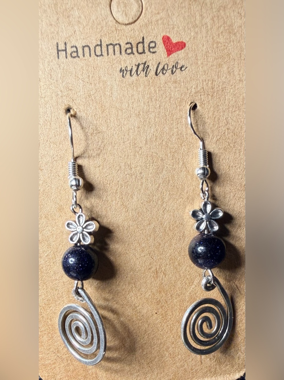 Handmade Silver-Tone Floral Spiral Earrings with Dark Blue Beads
